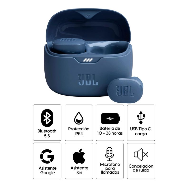Audífonos JBL Tune Buds true wireless ANC IP54 azul, especificaciones