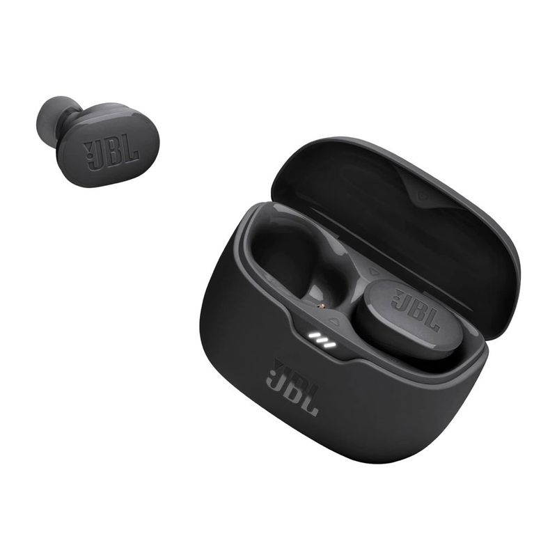 Audífonos JBL Tune Buds true wireless ANC IP54 negro, frontal oblicuo