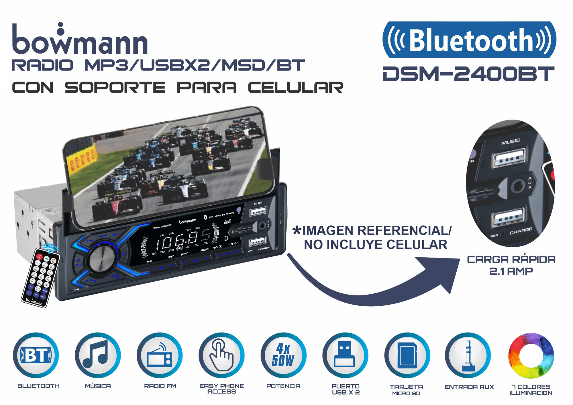Autoradio bluetooth USBx2 FM panel desmontable 7 colores Bowmann