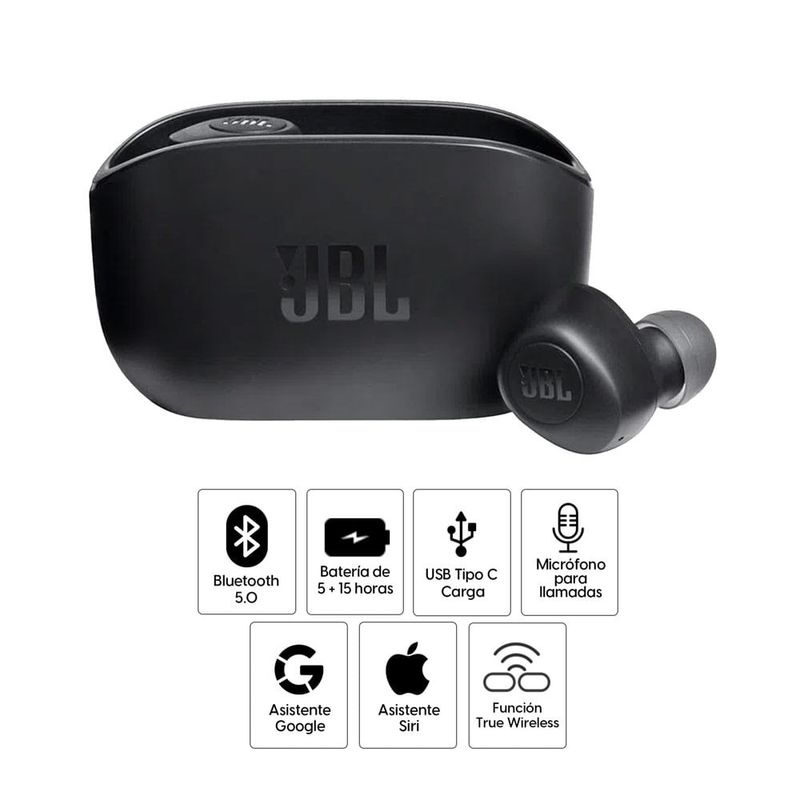 Reacond. Audífonos JBL Wave 100 TWS 5h negro, especificaciones