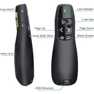 Puntero presentador inalámbrico USB Láser, 10 metros, con estuche, Plug & Play, negro