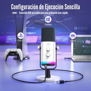 Micrófono Fifine Ampligame AM8, cardiodide, conexión USB-C a XLR, iluminación RGB, blanco