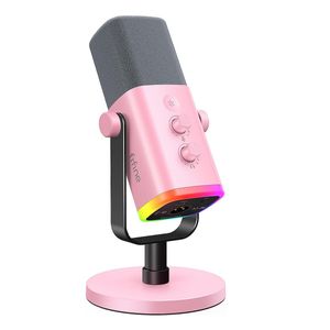 Micrófono Fifine Ampligame AM8, cardiodide, conexión USB-C a XLR, iluminación RGB, rosado