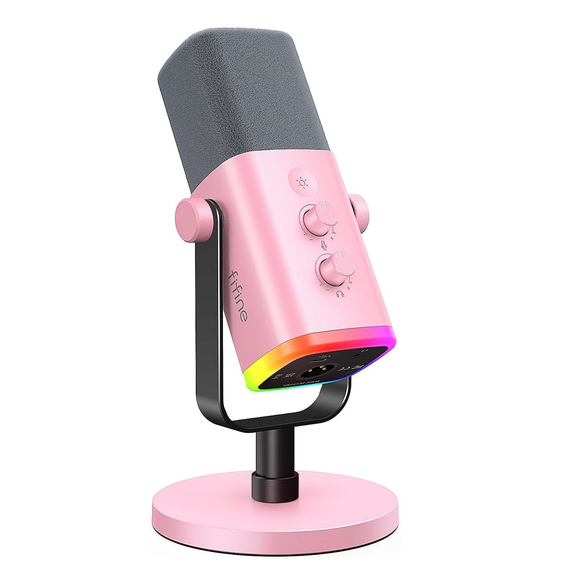 Micrófono Fifine Ampligame AM8, cardiodide, conexión USB-C a XLR,  iluminación RGB, rosado