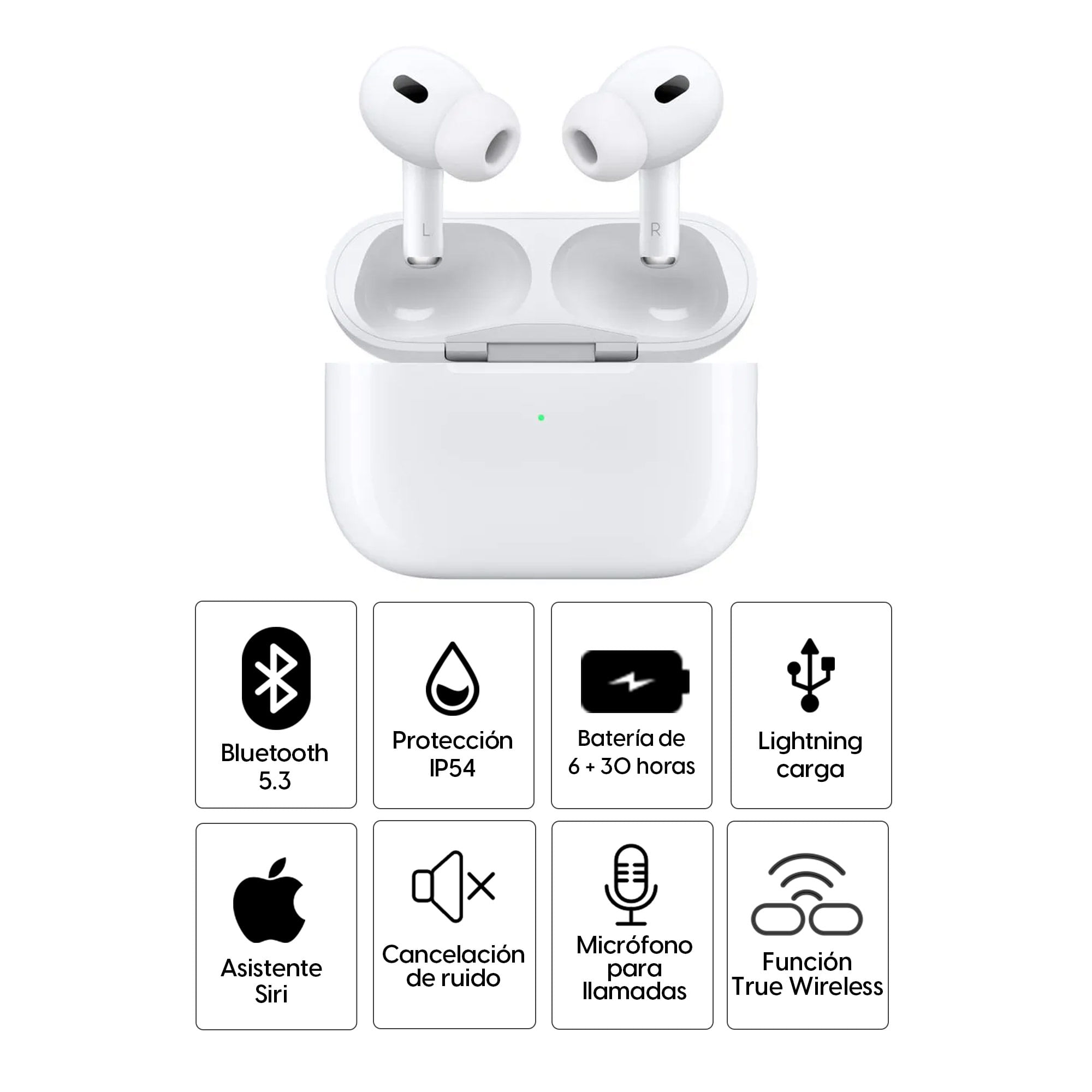 Audífonos bluetooth True Wireless Apple Airpods Pro 2da generación  resistente al agua IP54, duración máx. 6 horas, estuche MagSafe ligthning,  blanco - Coolbox