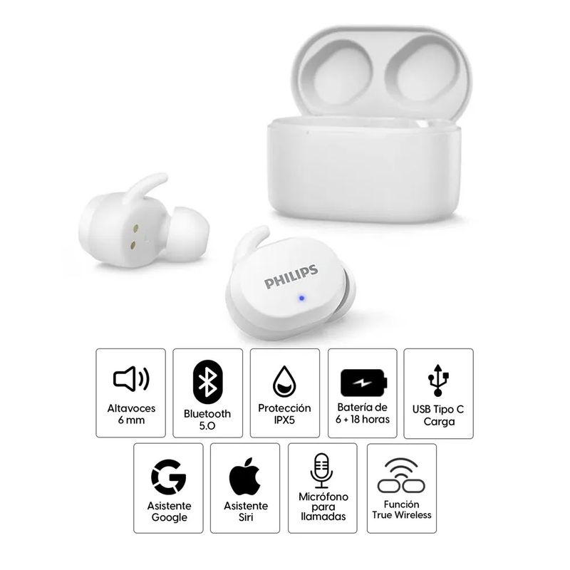 Reacond. Audífonos Philips TAT3216 TWS IPX5 6h blanco, especificaciones