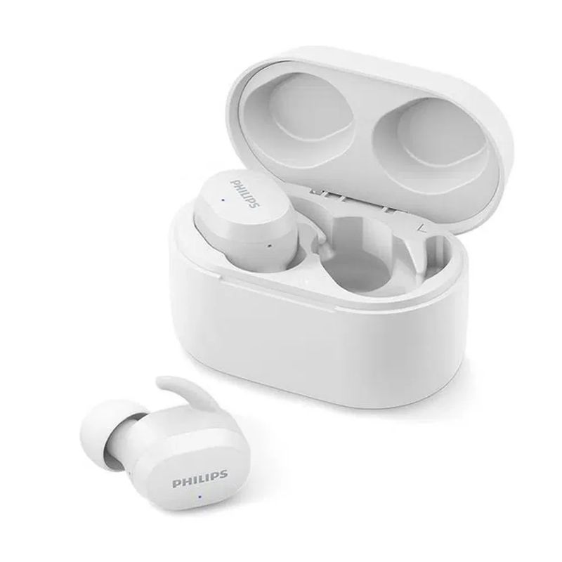 Reacond. Audífonos Philips TAT3216 TWS IPX5 6h blanco, frontal oblicuo