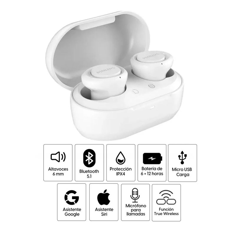 Reacond. Audífonos Philips TAT1215WT TWS IPX4 6h blanco, especificaciones