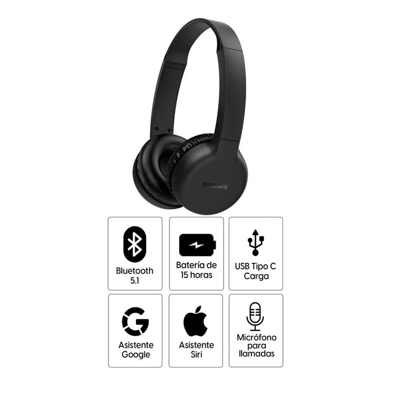 Reacond. Audífonos Philips TAH1205 BT on ear 15h negro, especificaciones