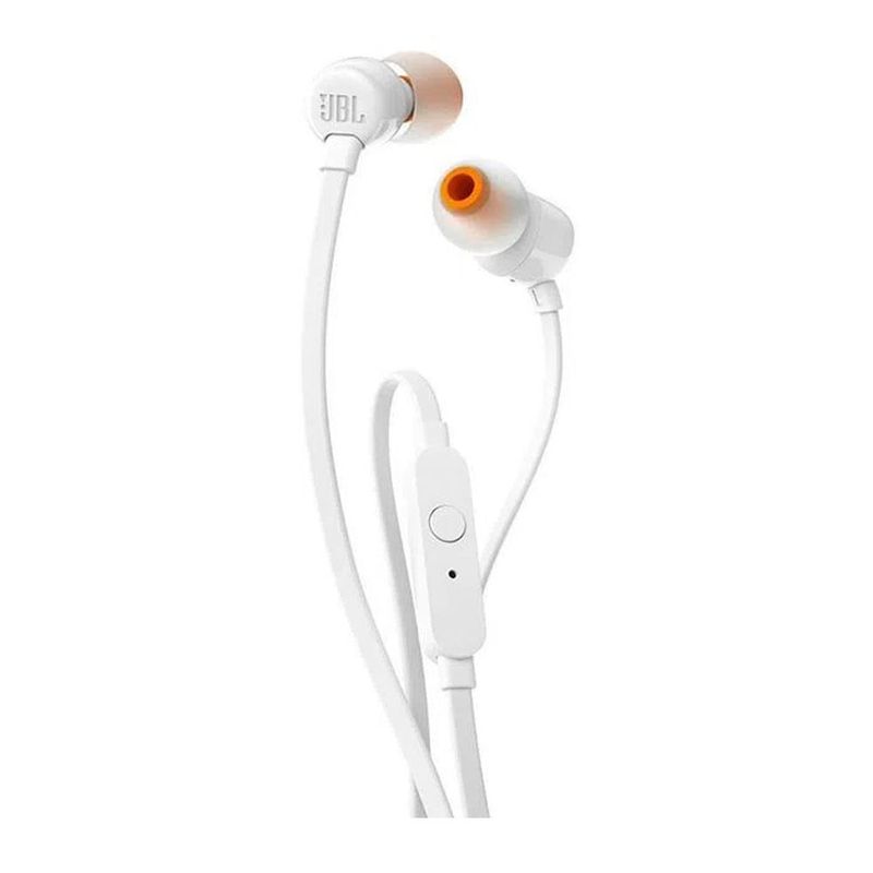 Reacond. Audífonos JBL T110 in ear con micrófono, blanco, dorsal oblicuo