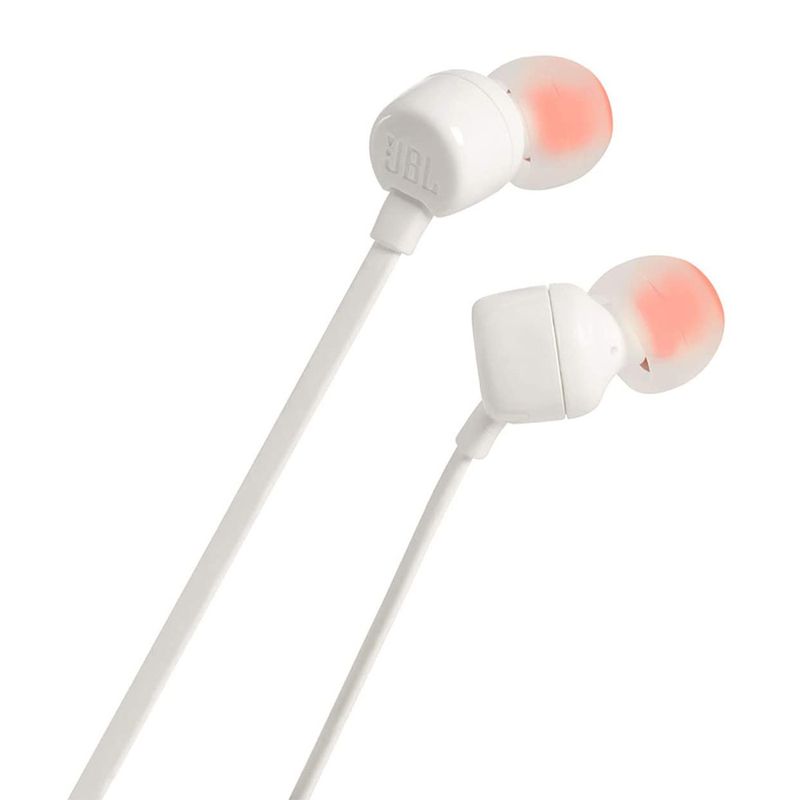 Reacond. Audífonos JBL T110 in ear con micrófono, blanco, dorsal oblicuo