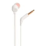 Reacond. Audífonos JBL T110 in ear con micrófono, blanco, dorsal y detalle del conector