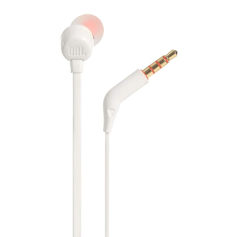 Reacond. Audífonos JBL T110 in ear con micrófono, blanco, dorsal y detalle del conector