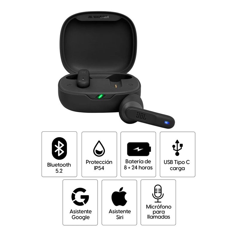 Audífonos bluetooth JBL Wave Flex Reacondicionados negro especificaciones