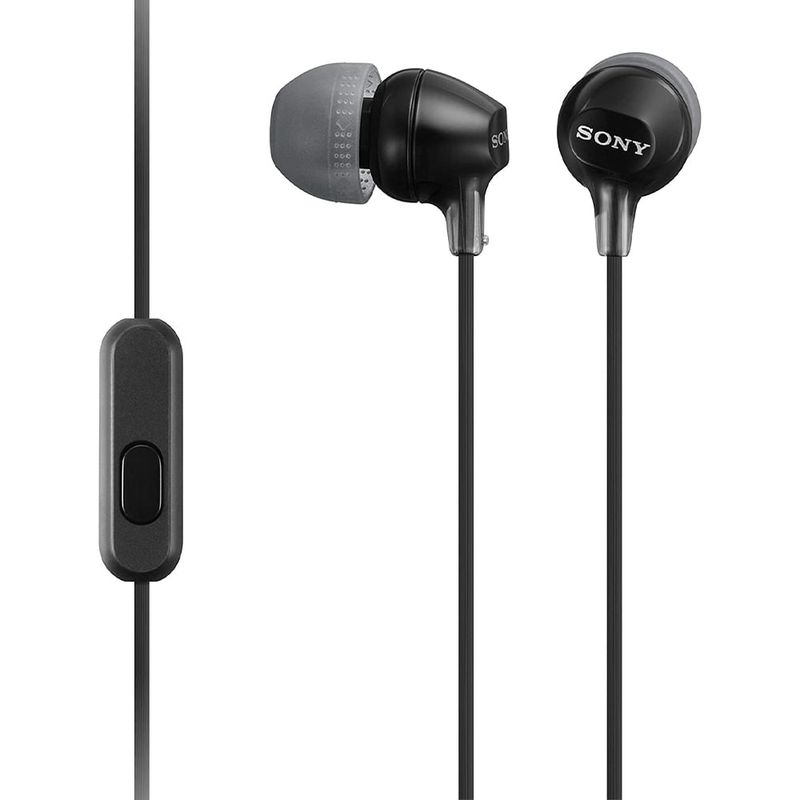 Audífonos Sony MDR-EX15AP 3.5 mm negro dorsal oblicuo con vista del micrófono