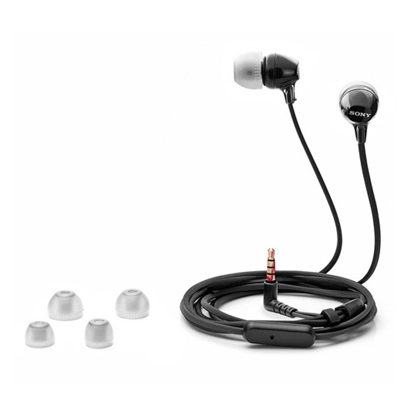 Audífonos Sony MDR-EX15AP 3.5 mm negro dorsal oblicuo y accesorios