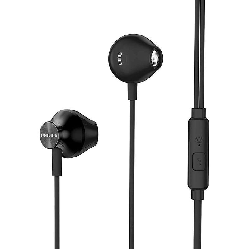 Audífonos Philips TAUE101 3.5 mm negro frontal y dorsal