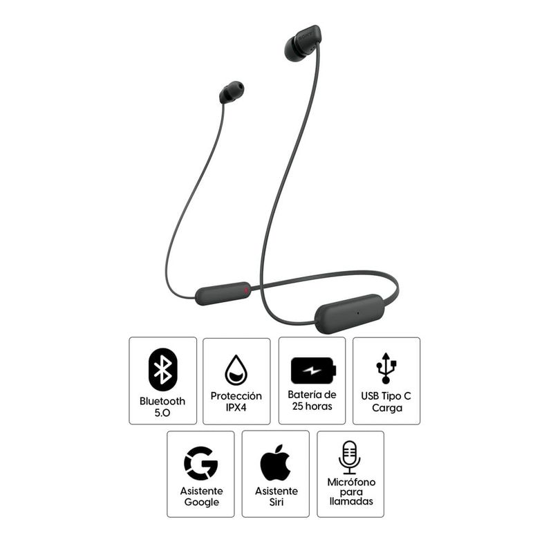 Audífonos Sony WI-C100 IPX4, 25 horas negro especificaciones