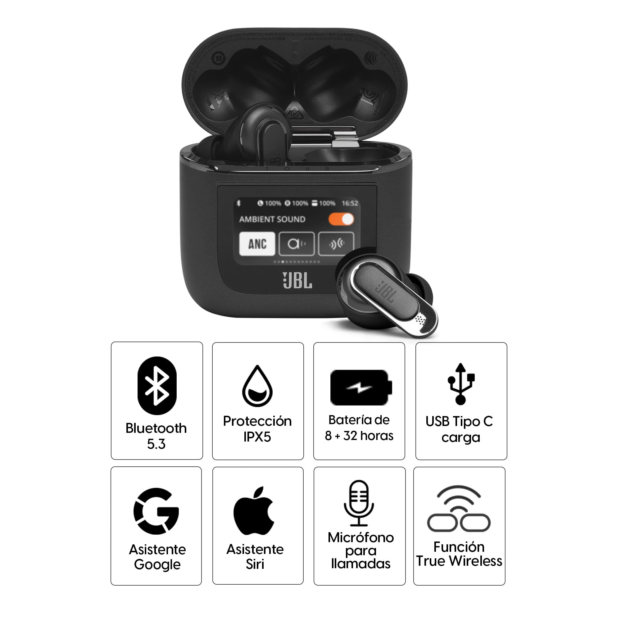 Audífonos bluetooth True Wireless JBL Tour Pro 2 resistente al agua IPX2,  duración máx. 8 horas, cancelación de ruido, negro - Coolbox