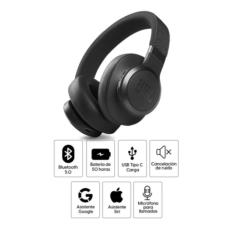 Audífonos JBL Live 660NC Reacondicionados, negro, especificaciones