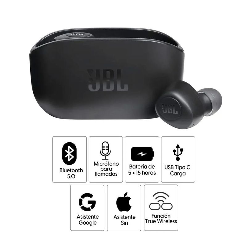 Audífonos bluetooth JBL Vibe 100 Reacondicionados negro especificaciones