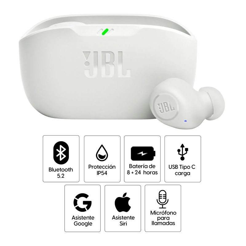 Audífonos bluetooth JBL Wave Buds Reacondicionados blanco especificaciones