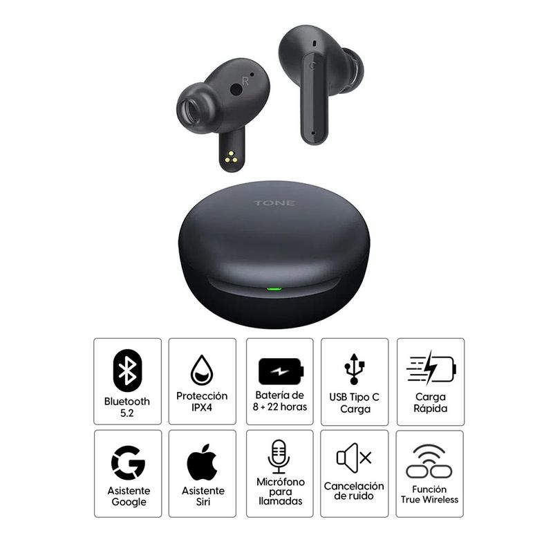 Audífonos LG Tone Free FP5 IPX4, 8 horas negro especificaciones