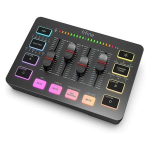Mezcladora portátil Fifine Ampligame SC3 RGB, 3 canales, conexión USB, 24-bit/48kHz, entrada XLR, 7FX