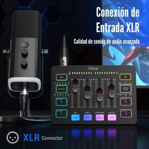 Mezcladora portátil Fifine Ampligame SC3 RGB, 3 canales, conexión USB, 24-bit/48kHz, entrada XLR, 7FX