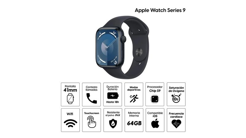 Apple Watch Series 9 41mm GPS certificacion IP6X bateria hasta 18 horas Talla M L memoria 64GB sport band negro Coolbox