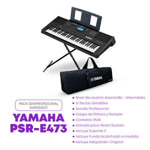 Teclado musical Yamaha PSR-E473 61 teclas, 820 voces, 64 polifonía, negro + Soporte X + Funda + Adaptador