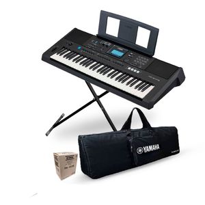 Teclado musical Yamaha PSR-E473 61 teclas, 820 voces, 64 polifonía, negro + Soporte X + Funda + Adaptador