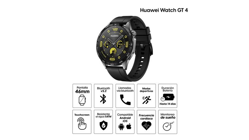 Smartwatch Huawei Watch GT 4 46mm GPS pantalla AMOLED resistente al agua 5ATM bateria hasta 14 dias 100 modos deportivos negro Coolbox