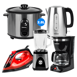 Combo Daewoo: Hervidor 1.7 litros, gris + Arrocera 1000W + Licuadora 1.5 litros + Plancha 220ml + Cafetera 1.25 litros
