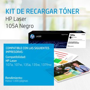 Tóner HP 105A W1105A para impresora Láser 107W, capacidad 1000 páginas, negro