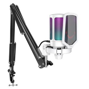 Micrófono Fifine Ampligame A6V de condensador, cardioide, alámbrico, conexión USB, 60Hz-18kHz, luces RGB, blanco