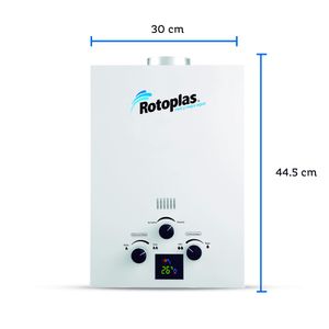 Terma a gas Flaming GN Rotoplas, flujo máximo 5.5 litros, encendido automático, blanco