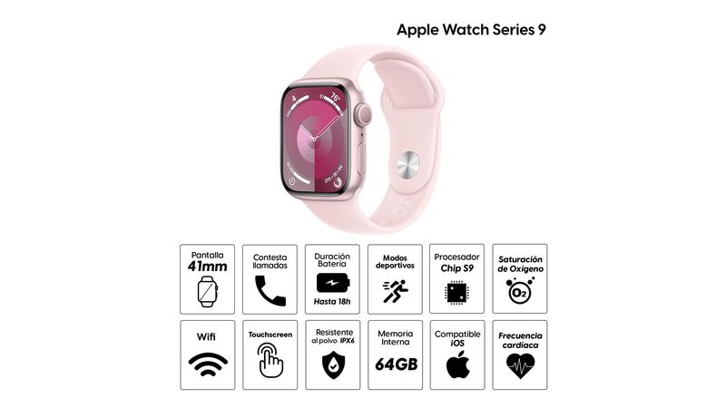 Apple Watch Series 9 41mm GPS certificacion IP6X bateria hasta 18 horas sport band rosado Coolbox
