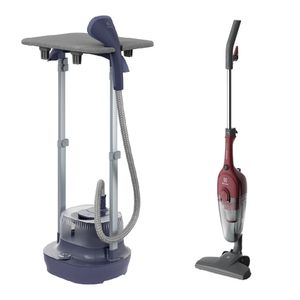 Combo Electrolux: Vaporizador de ropa Expert EGS20, blanco + Aspiradora vertical con cable STK13, rojo