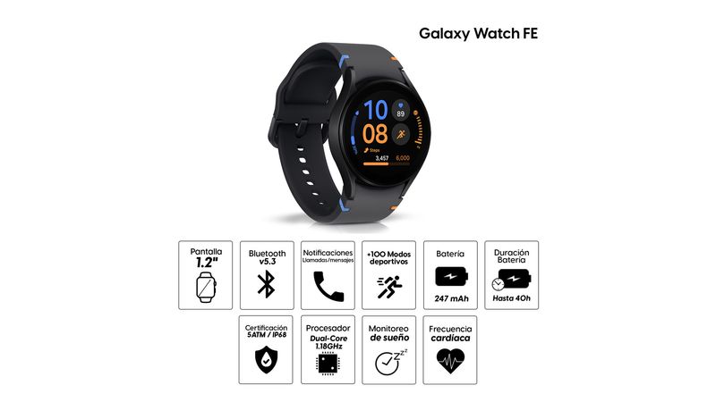 Smartwatch Samsung Galaxy Watch FE pantalla 1.2 30.4mm certificacion IP68 5ATM bateria hasta 40 horas 100 modos deportivos negro Coolbox