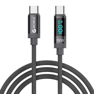 Cable Tipo-C A Tipo-C, 2m, 100W, Trenzado, Pantalla Led, Negro