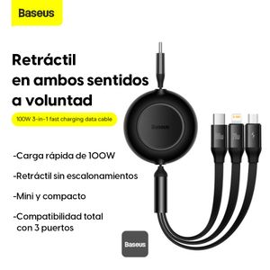 Cable Retráctil 3 en 1, Tipo C a Micro-USB/Lightning/Tipo C, 100W, 1.1M, Carga Rápida, negro