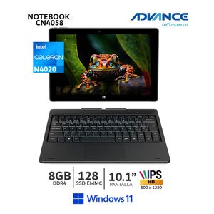 Laptop Advance CN4058 2 en 1 10.1"  Celeron N4020, 128GB EMMC, 8GB RAM, Windows 11, Pantalla táctil, negro