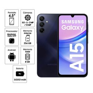 Celular Samsung Galaxy A15 256GB, 8GB RAM, cámara principal 50MP + 5MP + 2MP, frontal 13MP, 6.5", negro azulado + cargador 15W