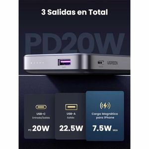 Batería externa magnética Ugreen PB206-15086 10000 mAh, 20W, con carga inalámbrica, gris