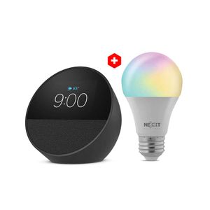 Altavoz inteligente Echo Spot (2024) Alexa, negro + Foco inteligente Nexxt luces multicolor, wi-fi, 9w, tipo de bombilla A19