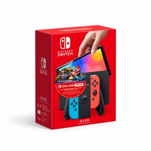 Consola Nintendo Switch Oled 64GB, rojo y azul neón + Juego Mario Kart 8 + 3 meses de suscripción