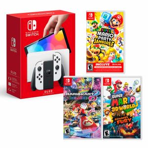 Consola Nintendo Switch Modelo Oled + Mario Party Jamboree+ Mario Kart 8 + Mario Fury, blanco