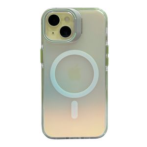 Case para iPhone 13/14 con Magsafe para carga inalámbrica, soporte en la cámara, color tornasolado con borde verde