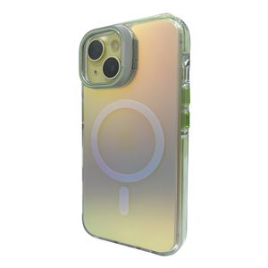 Case para iPhone 13/14 con Magsafe para carga inalámbrica, soporte en la cámara, color tornasolado con borde verde